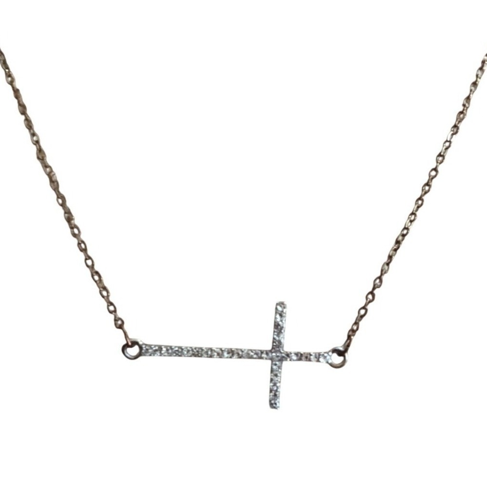 Rose Gold Tone Sideways Cross Rhinestone Pendant Necklace Gift Layering